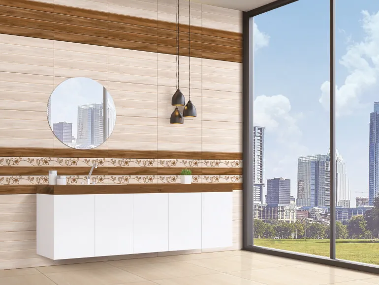 Contemporary beige bathroom design with a round mirror, sink, and large window